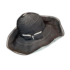 Coolibar Black White Striped Large Brim Sun Hat Bow Packable Sun Protection UPF
